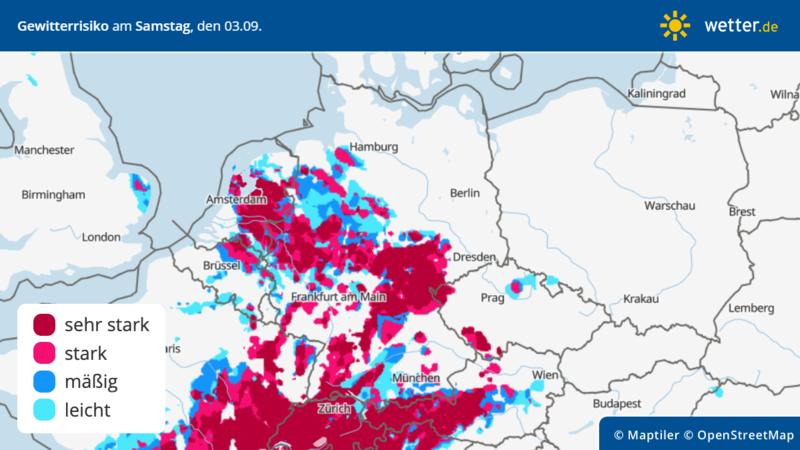 Die Grafik zeigt Gewitterrisiko am Samstag, 03. September