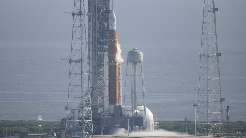 NASA's new moon rocket sits on Launch Pad 39-B hours ahead of a planned launch at the Kennedy Space Center Saturday, Sept. 3, 2022, in Cape Canaveral, Fla. NASA's new moon rocket sprang another hazardous leak Saturday,  as the launch team began fueli