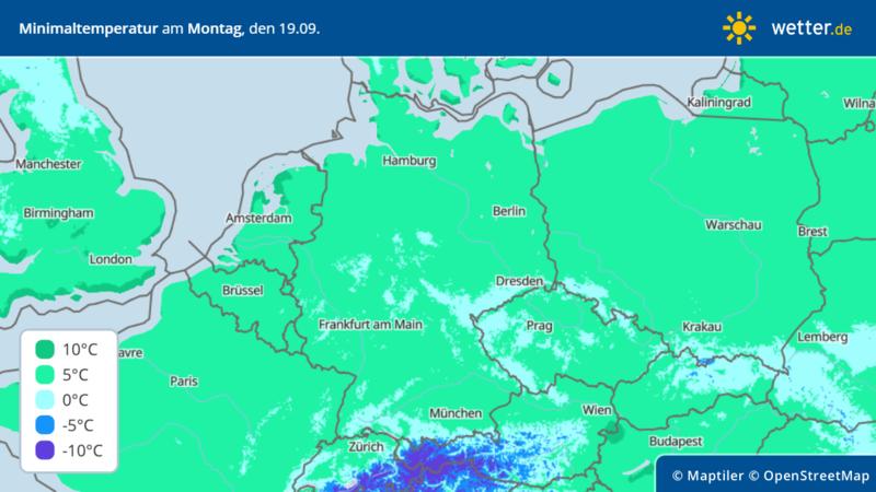 Die Grafik zeigt die Tiefstwerte für den Montag, 19.09.2022