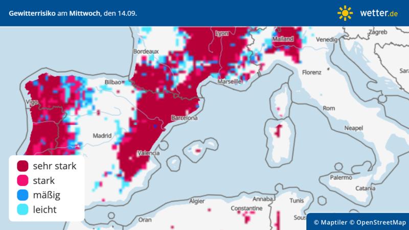 Gewitterrisiko im Süden Europas am Mittwoch, 14. September