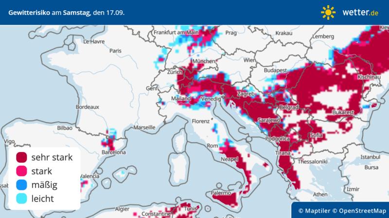 Gewitterrisiko im Süden Europas am Samstag, 17. September 2022