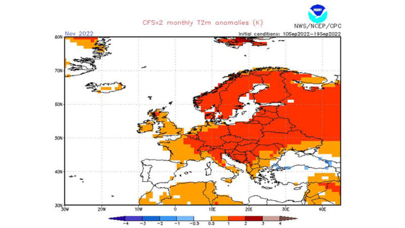 Die Langfristprognose der NOAA zum November 2022 in Deutschland: viel zu warm.