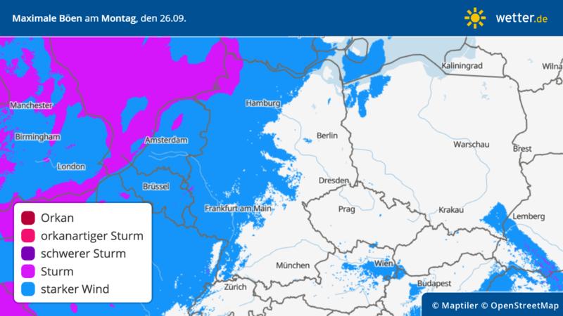 Die Grafik zeigt die maximalen Böen am Montag 26.09.2022