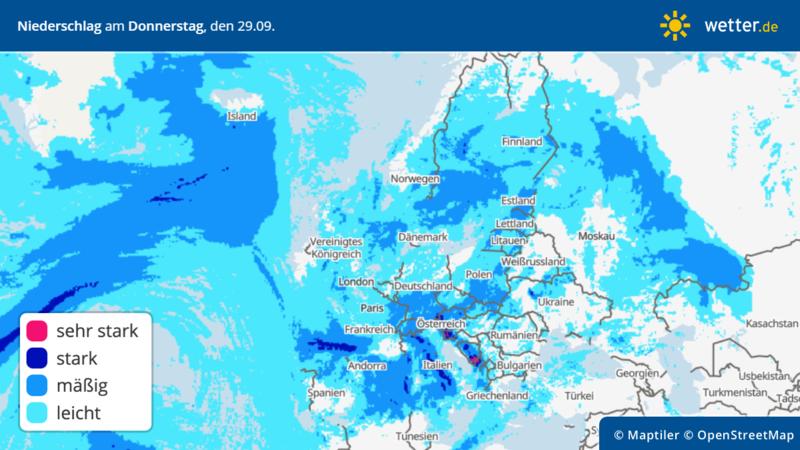 Die Grafik zeigt die Niederschläge  für Donnerstag, 29.09.2022