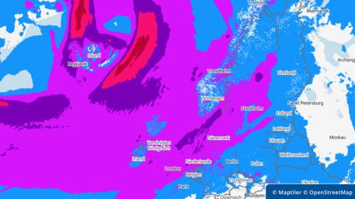 Die Sturmkarte zeigt ein hohes Risiko im Norden und Westen Europas