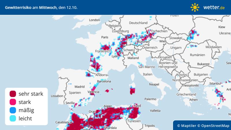 Die Grafik zeigt das Gewitterrisiko über Südeuropa für Mittwoch, 12.10.2022