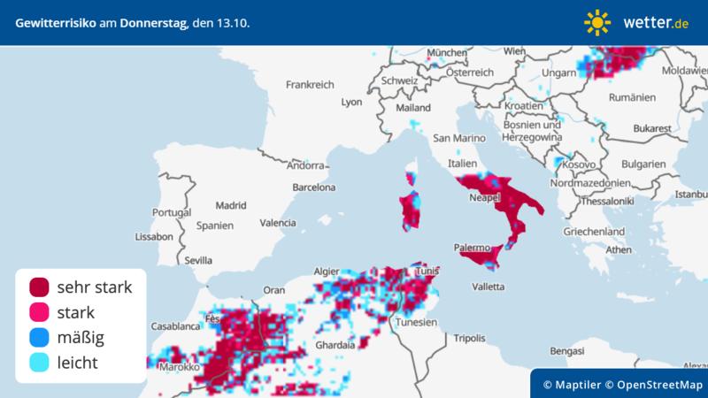 Die Grafik zeigt das Gewitterrisiko über Südeuropa für Donnerstag, 13.10.2022