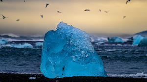 Icebergs coming from Vatnajokull located on the Diamond Beach near Jokulsarlon, in South Iceland