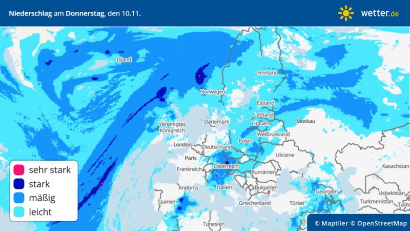 F`Die Grafik zeigt die Niederschläge für Europa für Donnerstag, 10.11.2022