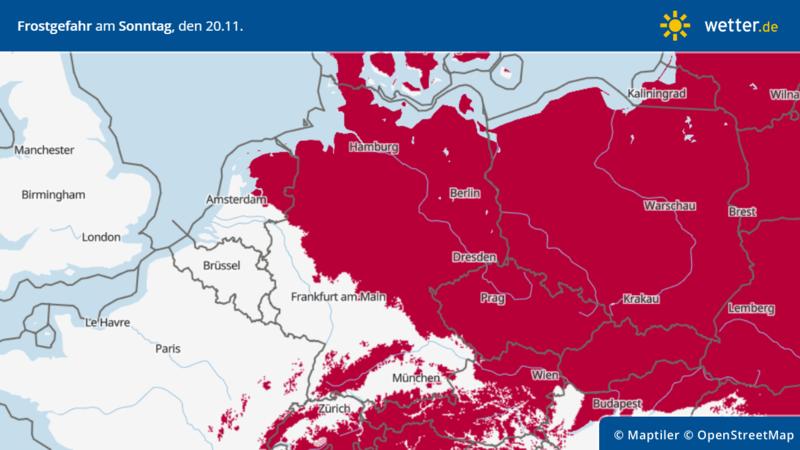 Die Karte zeigt die Frostgefahr in Deutschland am 20. November 2022.