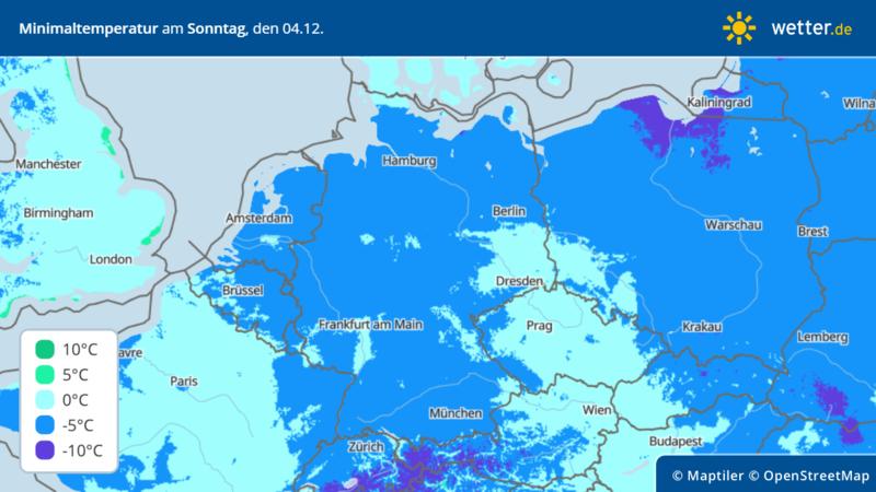 Die Grafik zeigt die Tiefstwerte am Sonntag, 04.12.2022