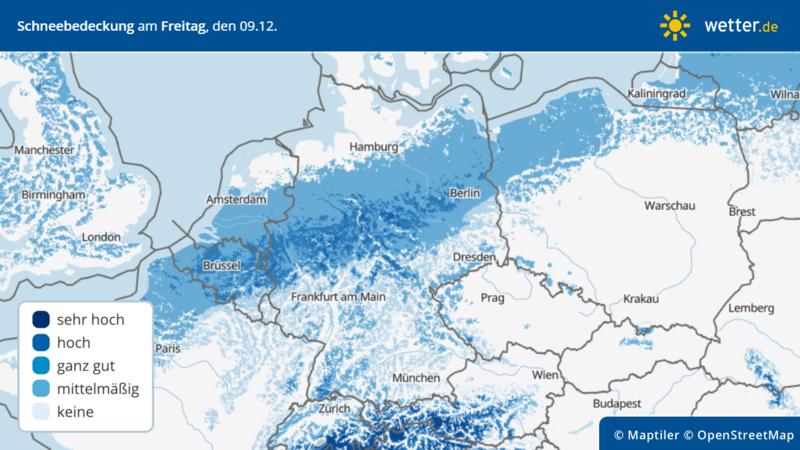 Die Grafik zeigt die Schneebedeckung am Freitag, 09.12.2022