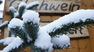02.12.2022, Sachsen-Anhalt, Wernigerode: Schneebedeckt sind die Zweige einer Tanne auf dem Weihnachtsmarkt im Stadtgebiet von Wernigerode. In der Nacht sorgten Schneefälle vielerorts für eine winterliche Stimmung. In den kommenden Tagen werden weitere Schneefälle erwartet. Foto: Matthias Bein/dpa +++ dpa-Bildfunk +++