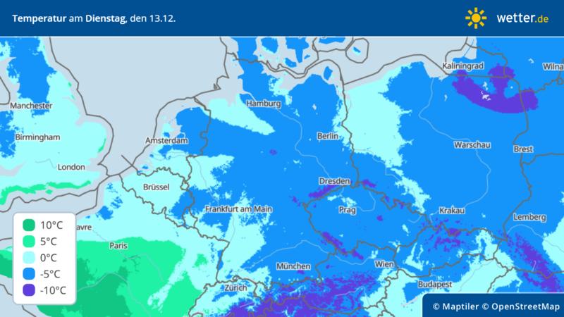 Die Grafik zeigt die Höchstwerte am Dienstag, 13.12.2022