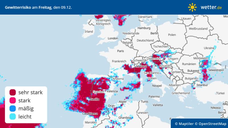 Die Grafik zeigt die Gewittergefahr am Freitag, 09.12.2022 über Europa