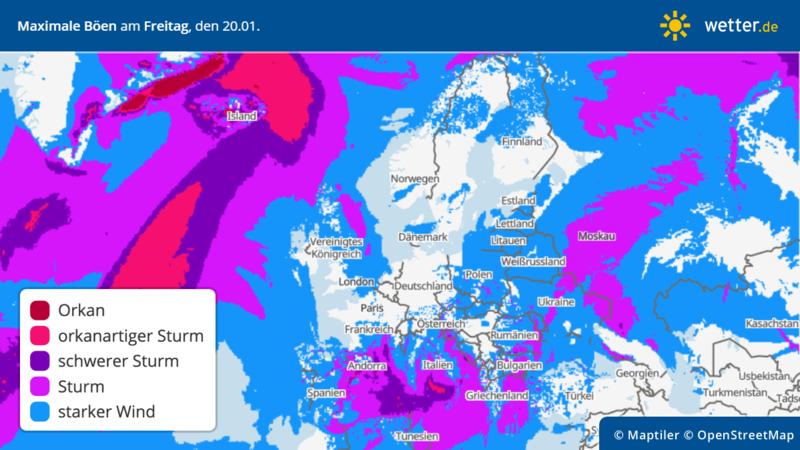 Prognose und Vorhersage: Windspitzen in Südeuropa rund ums westliche Mittelmeer