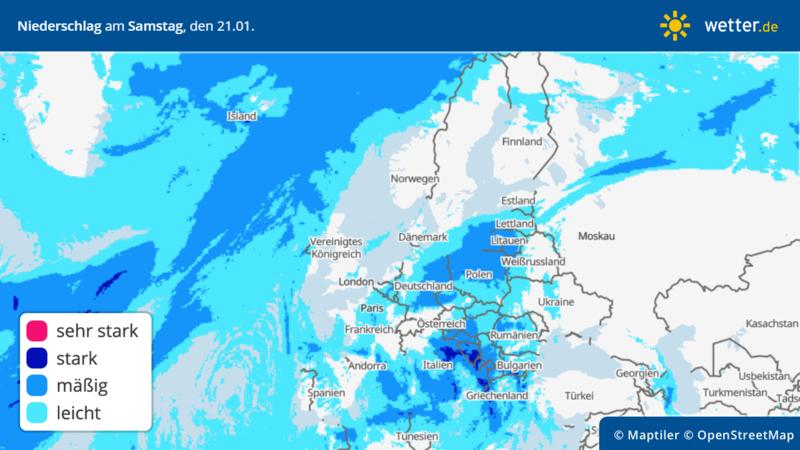 Die Grafik zeigt die Niederschläge in Europa am Samstag, 21.01.2023