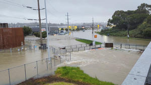 An area flooded during heavy rainfall is seen in Auckland, New Zealand January 27, 2023, in this screen grab obtained from a social media video. @MonteChristoNZ/via REUTERS THIS IMAGE HAS BEEN SUPPLIED BY A THIRD PARTY. MANDATORY CREDIT. NO RESALES. NO ARCHIVES.