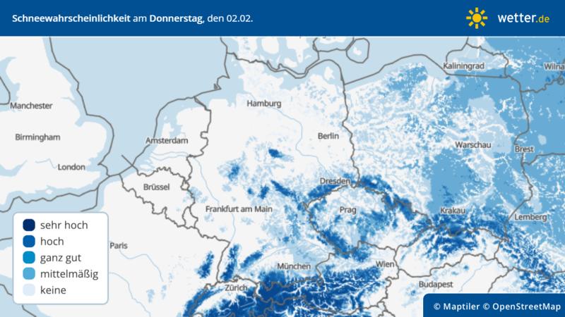 Schneewahrscheinlichkeit in Deutschland am Donnerstag, 2. Februar 2023