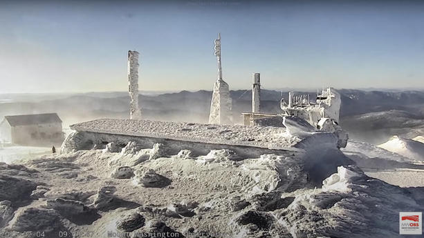A view from the top of the observatory tower at Mount Washington State Park, where the wind chill dropped to 105 degrees below zero Fahrenheit (-79 Celsius) is seen in a still image from a live camera in New Hampshire, U.S. February 4, 2023.  Mount Washington Observatory/mountwashington.org/Handout via REUTERS  NO RESALES. NO ARCHIVES. THIS IMAGE HAS BEEN SUPPLIED BY A THIRD PARTY. MANDATORY CREDIT
