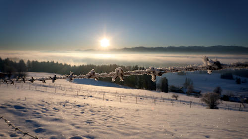 07.02.2023, Bayern, Stötten: Im Sonnenschein liegt die Schneelandschaft auf dem 1055 Meter hohen Auerberg, während in den Tälern noch der Nebel liegt. Foto: Karl-Josef Hildenbrand/dpa +++ dpa-Bildfunk +++