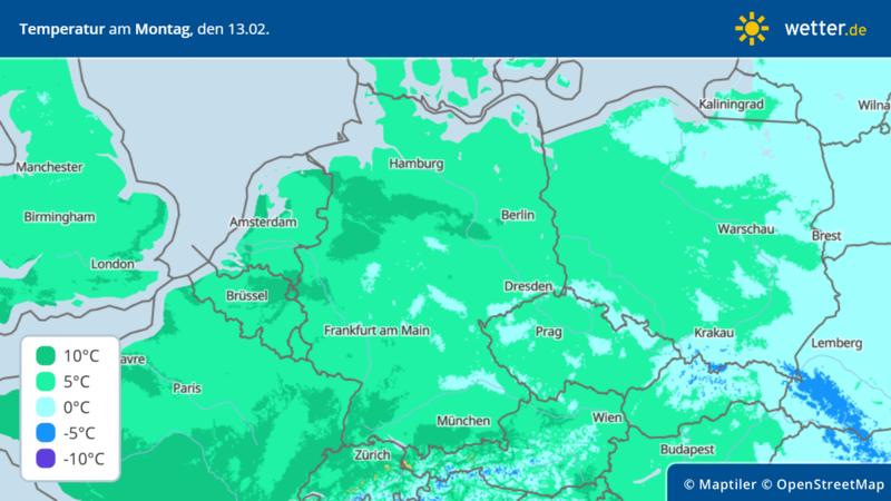 Höchsttemperaturen am Montag, 13. Februar 2023 in Deutschland
