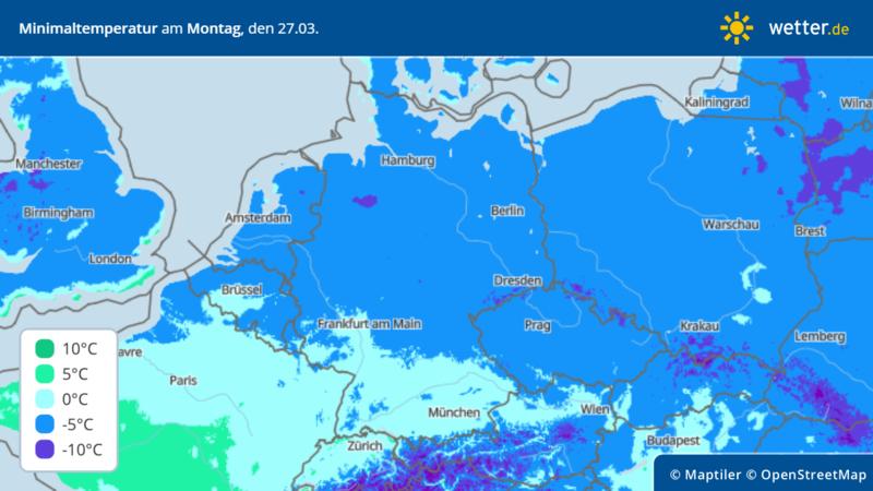 Tiefsttemperaturen am Montag, 27. März, in Deutschland