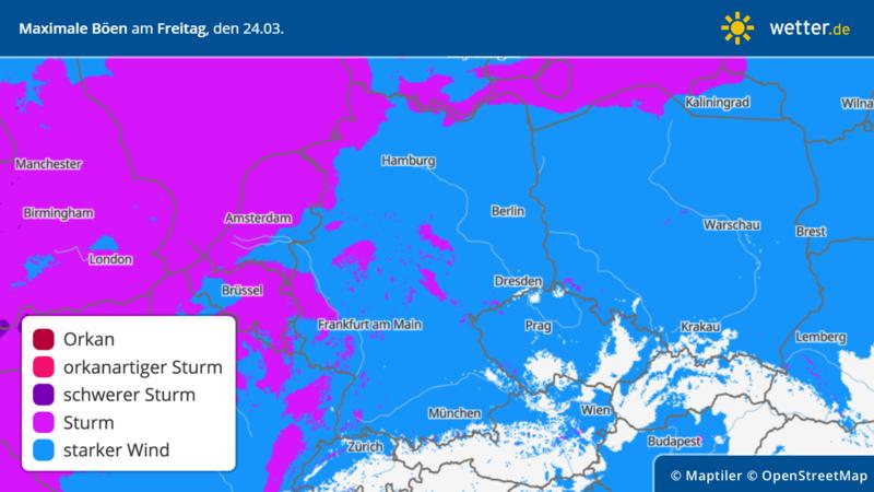 Die Grafik zeigt die maximalen Windböen am Freitag, 24.03.2023