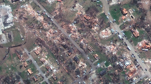 A satellite image shows an overview of destroyed buildings after a tornado, in Rolling Fork, Mississippi, U.S., March 26, 2023. Courtesy of Satellite image ?2023 Maxar Technologies/Handout via REUTERS ATTENTION EDITORS - THIS IMAGE HAS BEEN SUPPLIED BY A THIRD PARTY. NO RESALES. NO ARCHIVES. MANDATORY CREDIT. DO NOT OBSCURE LOGO.