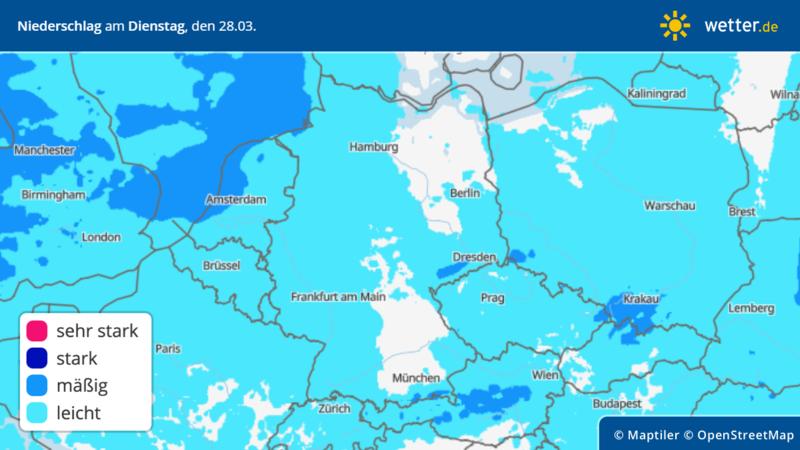 Niederschlag am Dienstag, 28. März, in Deutschland