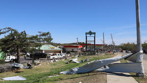 (230402) -- LITTLE ROCK, April 2, 2023 (action press/Xinhua) -- This photo taken on April 1, 2023 shows properties damaged by a strong tornado in Little Rock, Arkansas, the United States. At least 21 people have been killed and more than 130 others injured after strong tornadoes and deadly storms struck multiple midwestern and southern U.S. states Friday into early Saturday, authorities said. One person died and at least 50 people were sent to hospitals in Little Rock, Arkansas, after a violent tornado caused severe damage on Friday afternoon, according to Pulaski County officials. (Photo by Yan Sun/action press/Xinhua) / action press