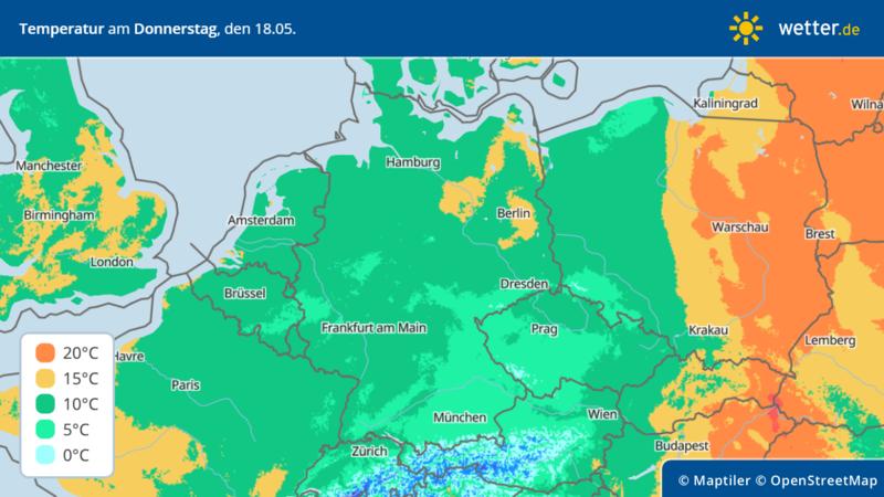 Temperaturhöchstwerte am Donnerstag, 18. Mai, in Deutschland