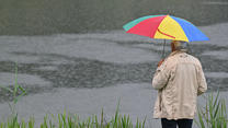 29.08.2023, Brandenburg, Finsterwalde: Ein Mann mir Regenschirm steht am Fluss Schwarze Elster. Heute gibt es im Süden und Osten dichte Wolken und bis in die Mitte sowie in den Nordosten ausgreifenden Regen. Lokal kann es zu Gewittern kommen. Die Temperaturen steigen laut Deutschem Wetterdienst auf 17 bis 21 Grad. Foto: Patrick Pleul/dpa +++ dpa-Bildfunk +++
