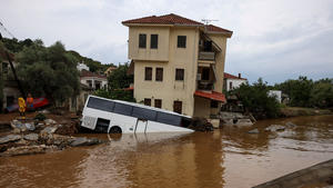 A bus is partially submerged following flash floods, as storm Daniel hits central Greece, in the village of Platanias, Greece, September 6, 2023. REUTERS/Alexandros Avramidis