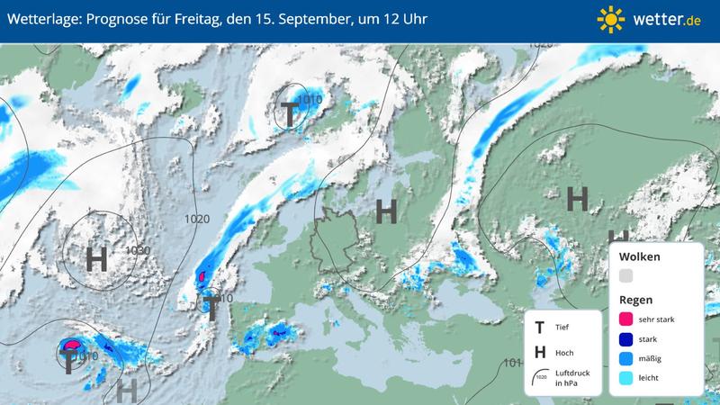 Die Grafik veranschaulicht die Wetterlage über Deutschland am 15. September 2023.