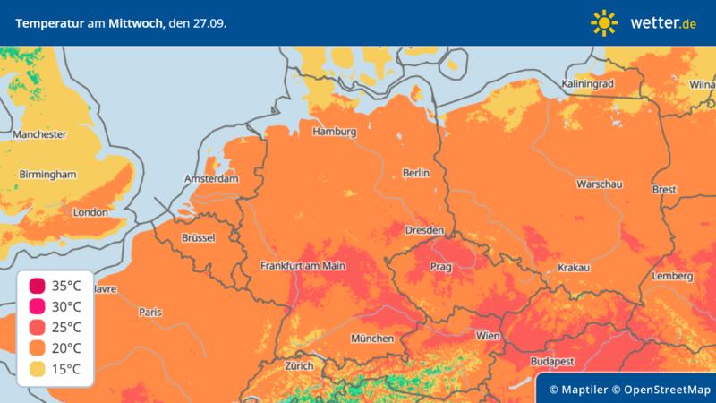 Die Grafik zeigt die Höchstwerte am Mittwoch, 27.09.2023