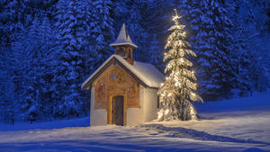 Beleuchteter Christbaum vor einer Kapelle im Winter, Bayern, Oberbayern, Deutschland, Europa Beleuchteter Weihnachtsbaum mit Kapelle bei Nacht, Winterlandschaft, Bayern, Deutschland *** Illuminated Christmas tree in front of a chapel in winter, Bavaria, Upper Bavaria, Germany, Europe Illuminated Christmas tree with chapel at night, winter landscape, Bavaria, Germany