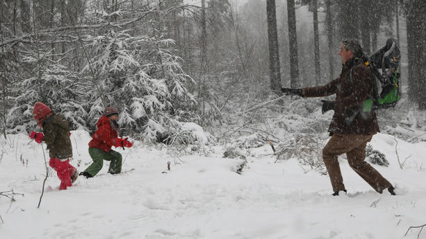 25.11.2023, Nordrhein-Westfalen, Winterberg: Eine Familie macht im winterlichen Wald eine Schneeballschlacht Foto: Sascha Thelen/dpa +++ dpa-Bildfunk +++