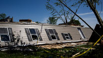 A mobile home destroyed by a tornado that severely damaged and destroyed several homes is pictured at Pavilion Estates in Kalamazoo, Michigan, U.S., May 8, 2024.   REUTERS/Emily Elconin