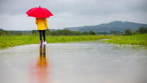 ARCHIV - 31.05.2024, Baden-Württemberg, Riedlingen: Eine Spaziergängerin in Gummistiefeln läuft im Regen auf einem überfluteten Weg entlang. (zu dpa: «Regen erwartet - Hochwasserexperte: «Beobachten Lage aufmerksam»») Foto: Thomas Warnack/dpa +++ dpa-Bildfunk +++