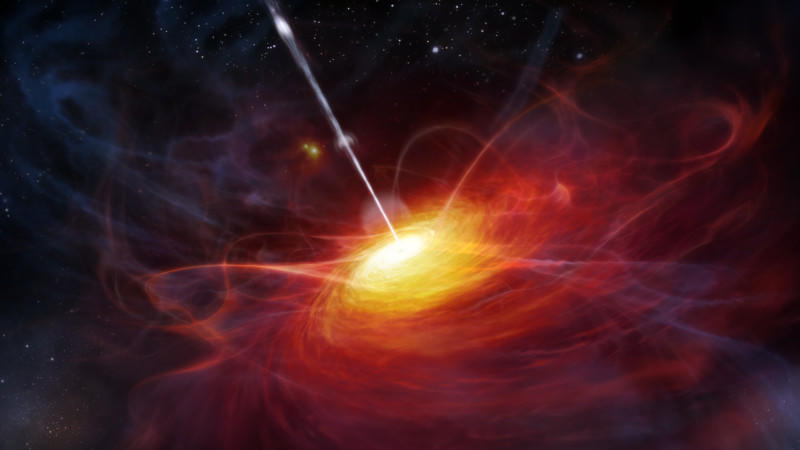 Ein europäisches Astronomenteam hat das bislang fernste kosmische Leuchtfeuer (künstlerische Dastellung) entdeckt. Der sogenannte Quasar strahlt in der unvorstellbaren Distanz von 12,9 Milliarden Lichtjahren, wie die Forscher im britischen Fachblatt 