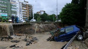 Cars are destroyed during a flood in Varna, Bulgaria. Heavy rain in Bulgaria's Black Sea city of Varna on Thursday afternoon flooded the town, 12 people ware found dead and 4 people are reported missing. The situation is most serious in the district of Asparuhovo, where, according to reports, the floodwaters obliterated the district and carried along and upturned hundreds of cars. According to the city councillor Radoslav Koev. Asparuhovo was hit by a flash flood from the ridge above the district. The water flooded homes and public buildings, there are streets and homes swamped in mud. Most likely there are drowned people, Koev said. The city boulevards and streets have been turned into rivers and the pedestrian underpasses are completely flooded. Due to the electrical storm, entire sections of Varna have no electricity, and landlines and cell phones in certain areas are out of order. Public transport is also seriously disrupted.Featuring: AtmosphereWhere: Varna, BulgariaWhen: 20 Jun 2014Credit: Impact Press Group/WENN.com