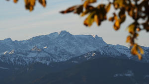 Hinter herbstlich gefärbten Blättern ist am Samstag (30.10.2010) von Hohenpeißenberg (Oberbayern) aus die Zugspitze zu erkennen. Föhn sorgt derzeit im Süden Bayerns für milde Temperaturen. Foto: Armin Weigel dpa/lby  +++(c) dpa - Bildfunk+++