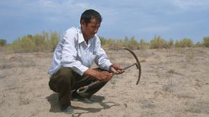 Mann mit Anker am ausgetrockneten Aralsee, Usbekistan, Karakalpakstan, Aralsee | man with anchor at the dry Aral Lake, Uzbekistan, Karakalpakstan, Aralsee
