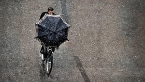 Ein Mann fährt am 29.11.2012 in der Münchner Innenstadt (Bayern) auf einem Fahrrad und schützt sich vor dem Schneeregen mit einem Regenschirm. Foto: Victoria Bonn-Meuser/dpa  +++(c) dpa - Bildfunk+++