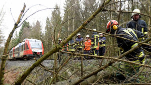 Freiwillige Feuerwehrmänner beseitigen am 31.03.2015 in Aukrug (Schleswig-Holstein) einen Baum auf den Gleisen der Bahnstrecke Neumünster-Heide. Foto: Carsten Rehder/dpa +++(c) dpa - Bildfunk+++