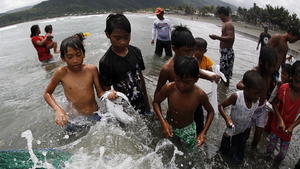 epa04693356 Filipino children collect fish from a net at a beach in the town of Baler, Aurora province, Philippines, 06 April 2015. An estimated 10,000 tourists in the coasts of Isabela and the adjacent province of Aurora fled for safety as Typhoon Maysak was classified as a super typhoon. Maysak weakened into a tropical depression after it hit land over the coastal town of Dinapigue in Isabela province, 270 kilometres north-east of Manila, the weather bureau said. More than 2,000 people who had fled to safer ground began to return home but fishermen are still not allowed to sail because the seas were still rough. EPA/FRANCIS R. MALASIG +++(c) dpa - Bildfunk+++