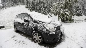 A car is seen parked on a snow covered street on a cold spring day in the western Austrian village of Steinach am Brenner, May 20, 2015. REUTERS/Dominic Ebenbichler 