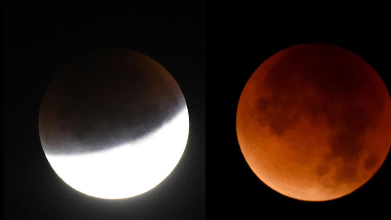 Die Bildkombo zeigt drei Phasen der Mondfinsternis am 28.09.2015 am Himmel über Aukrug (Schleswig-Holstein). Der Erdtrabant ist mit einem roten Schimmer auch als «Blutmond» zu beobachten. Langwelliges Licht wird von der Erdatmosphäre in den Schattenk