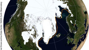 HANDOUT - This NASA Blue Marble image shows Arctic sea ice extent on March 24, 2016, which averaged 14.52 million square kilometers on March 24, beating last year·s record low of 14.54 million square kilometers on February 25. Photo: National Snow and Ice Data Center/NASA Earth Observatory/dpa ACHTUNG: Nur zur redaktionellen Verwendung  und nur mit Nennung "Foto: National Snow and Ice Data Center/NASA Earth Observatory/dpa" +++(c) dpa - Bildfunk+++